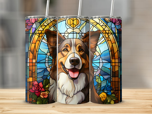 Border collie portrait with stained glass background and floral accents on three tumblers.