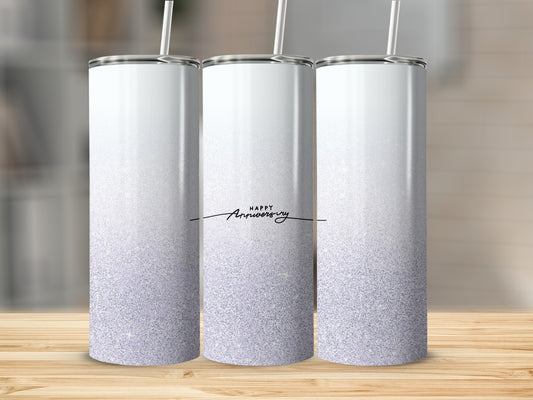 White tumbler with purple glitter gradient and "Happy Anniversary" text.