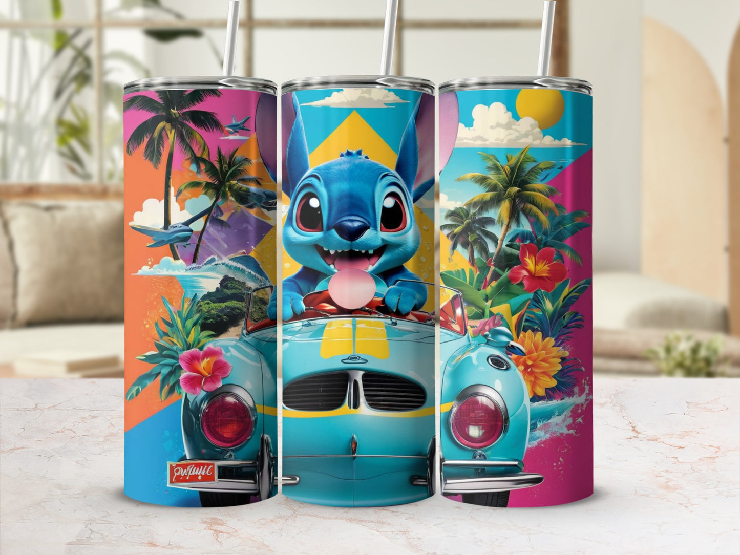 Stitch in a vintage car with tropical beach background and palm trees.