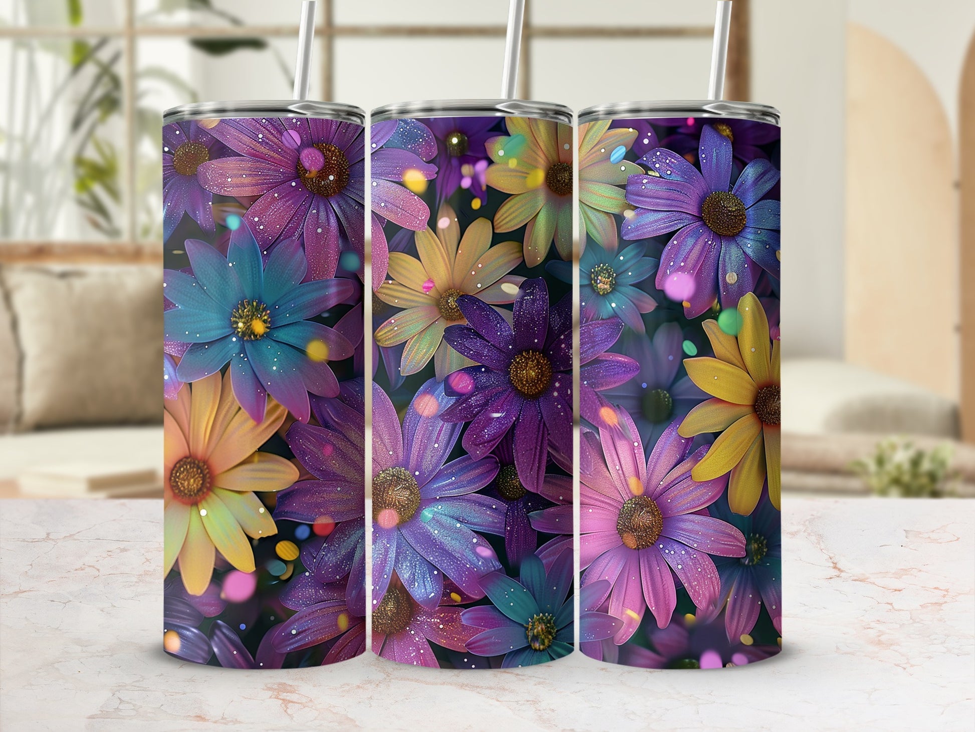Vibrant Floral Print Tumbler Cup with Colorful Flowers