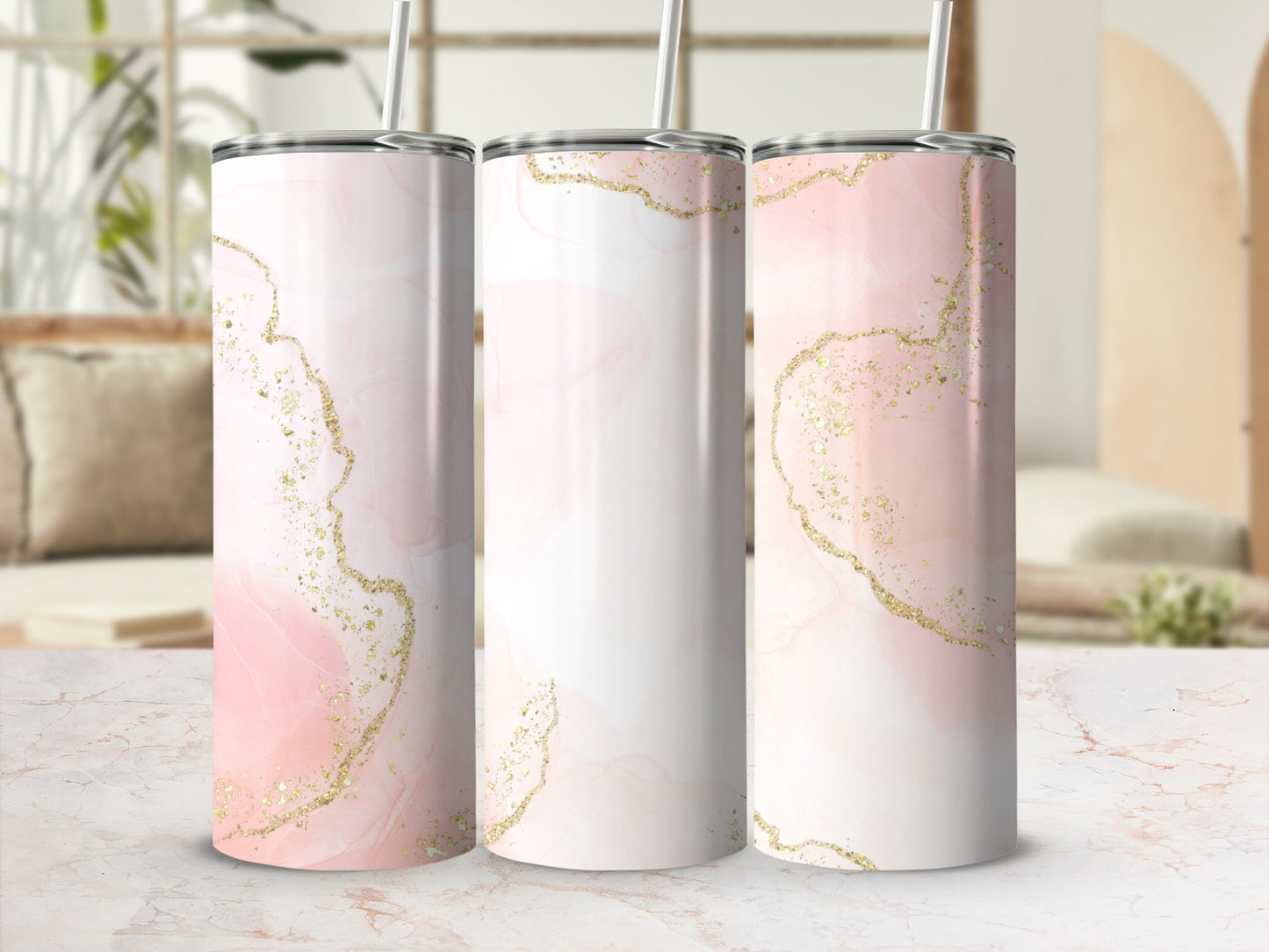 Three tumblers with pink marble and gold glitter design.