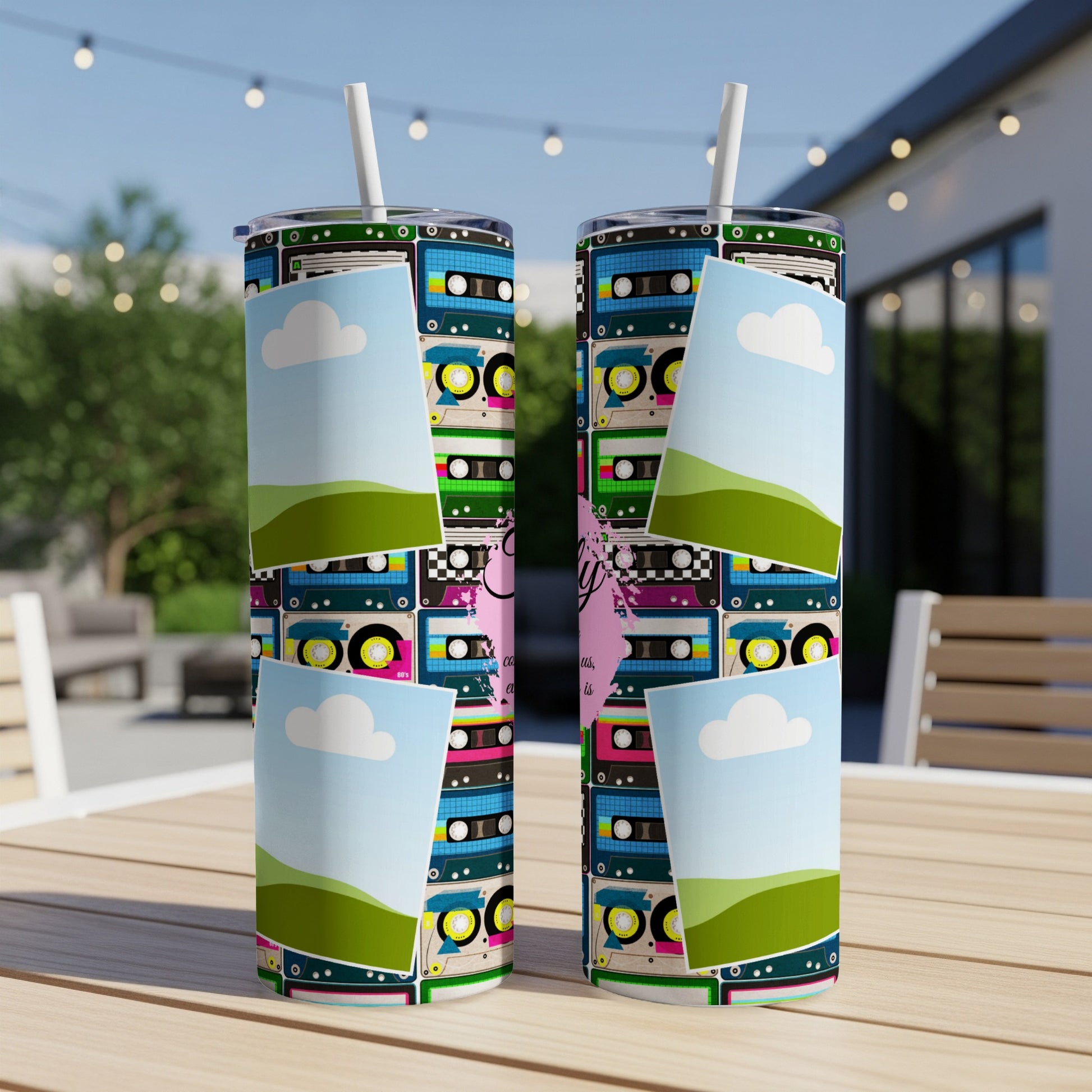 Two tumblers with vintage cassette tape pattern and blank sky and grass photo frames.