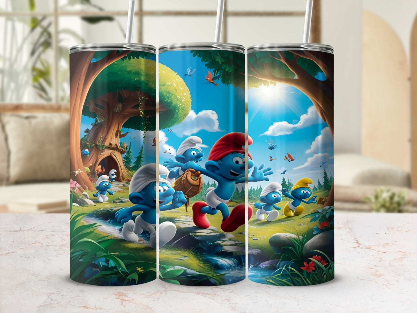 Smurfs running through a forest landscape with a stream.
