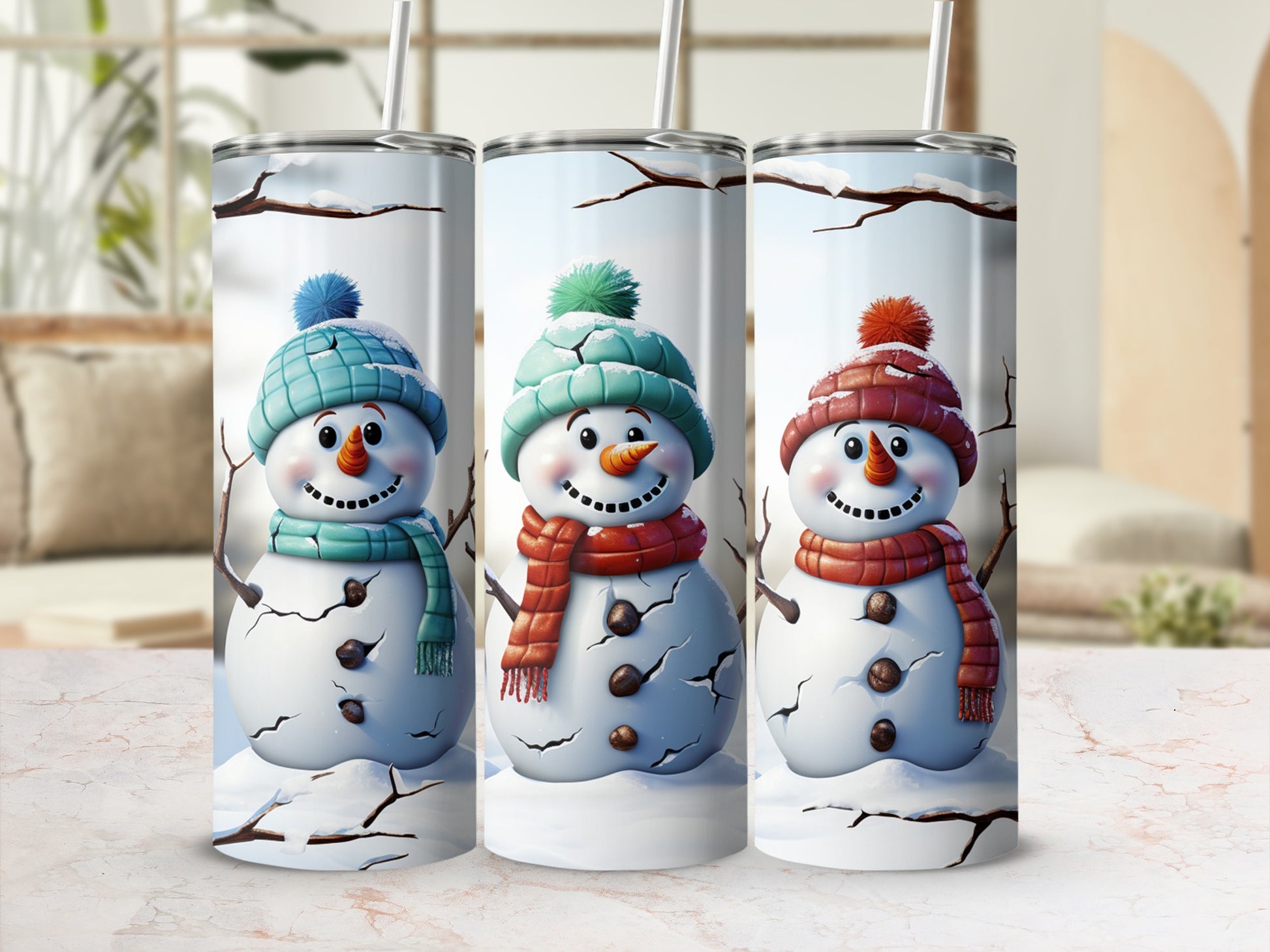 Three snowmen with hats and scarves, a wintery scene.