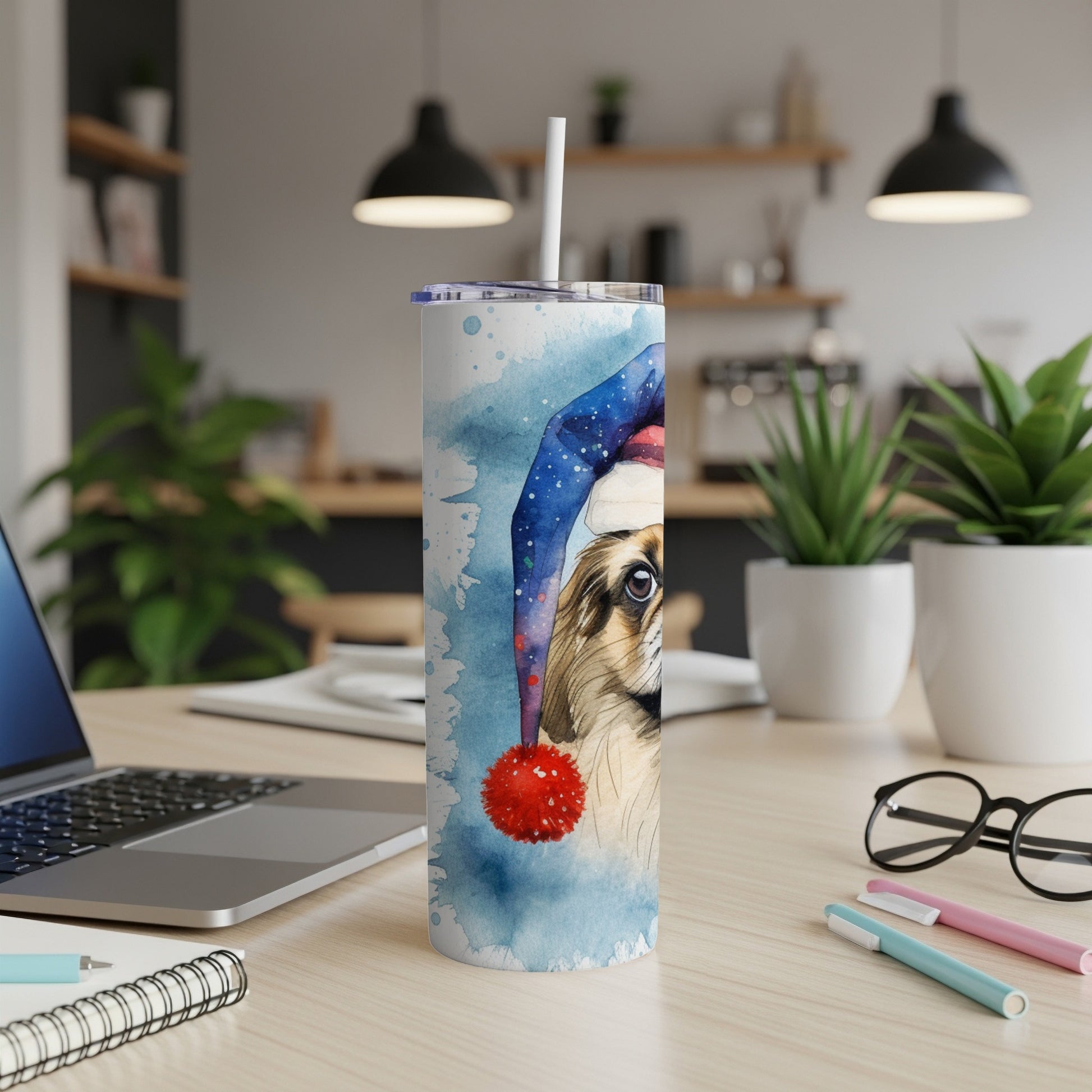 Dog wearing a Santa hat, watercolor illustration on a tumbler with straw.