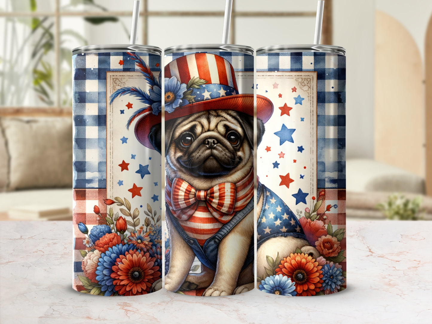Patriotic pug wearing a hat and vest, surrounded by flowers, on a blue plaid background.