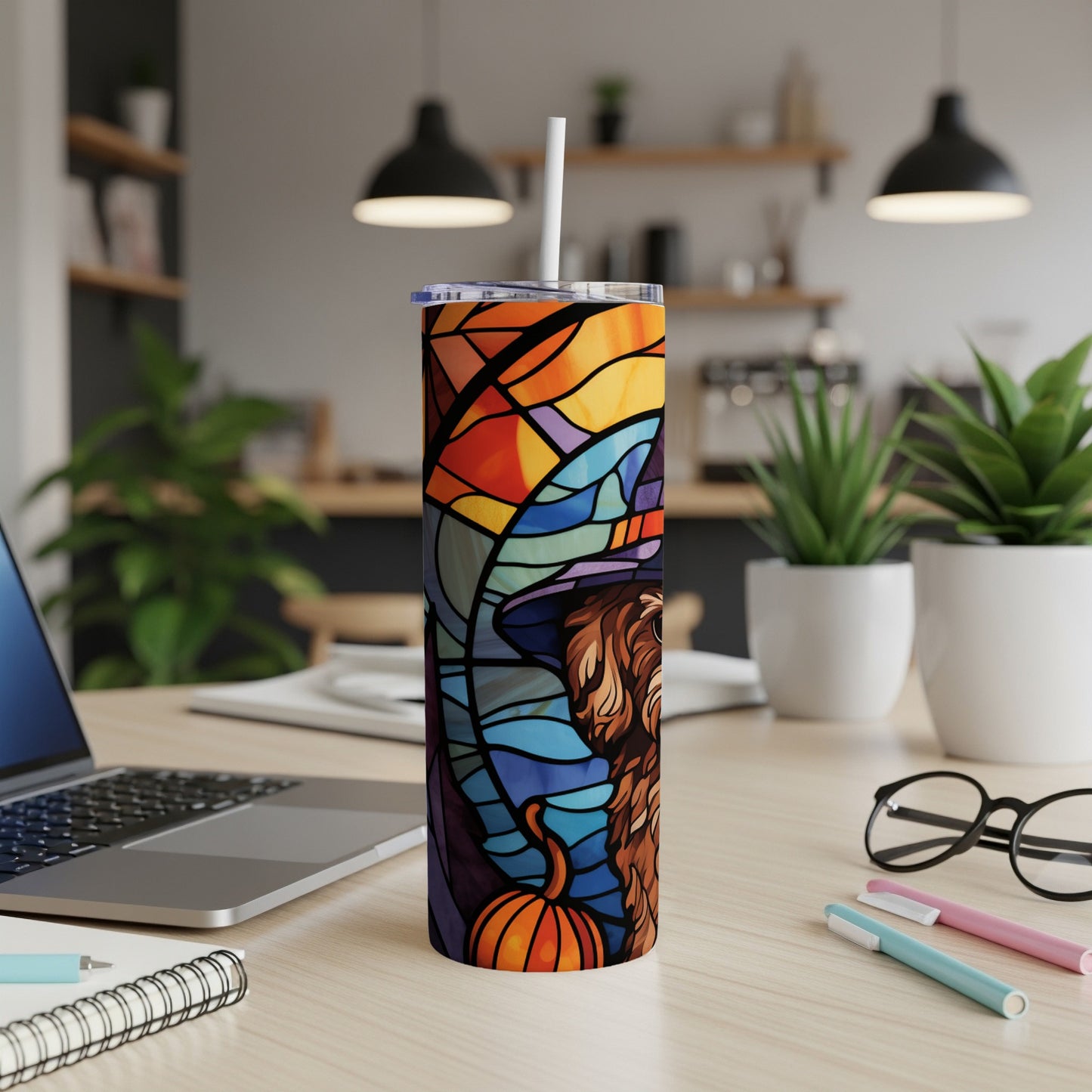Stained glass style tumbler with a dog wearing a witch hat and pumpkin.