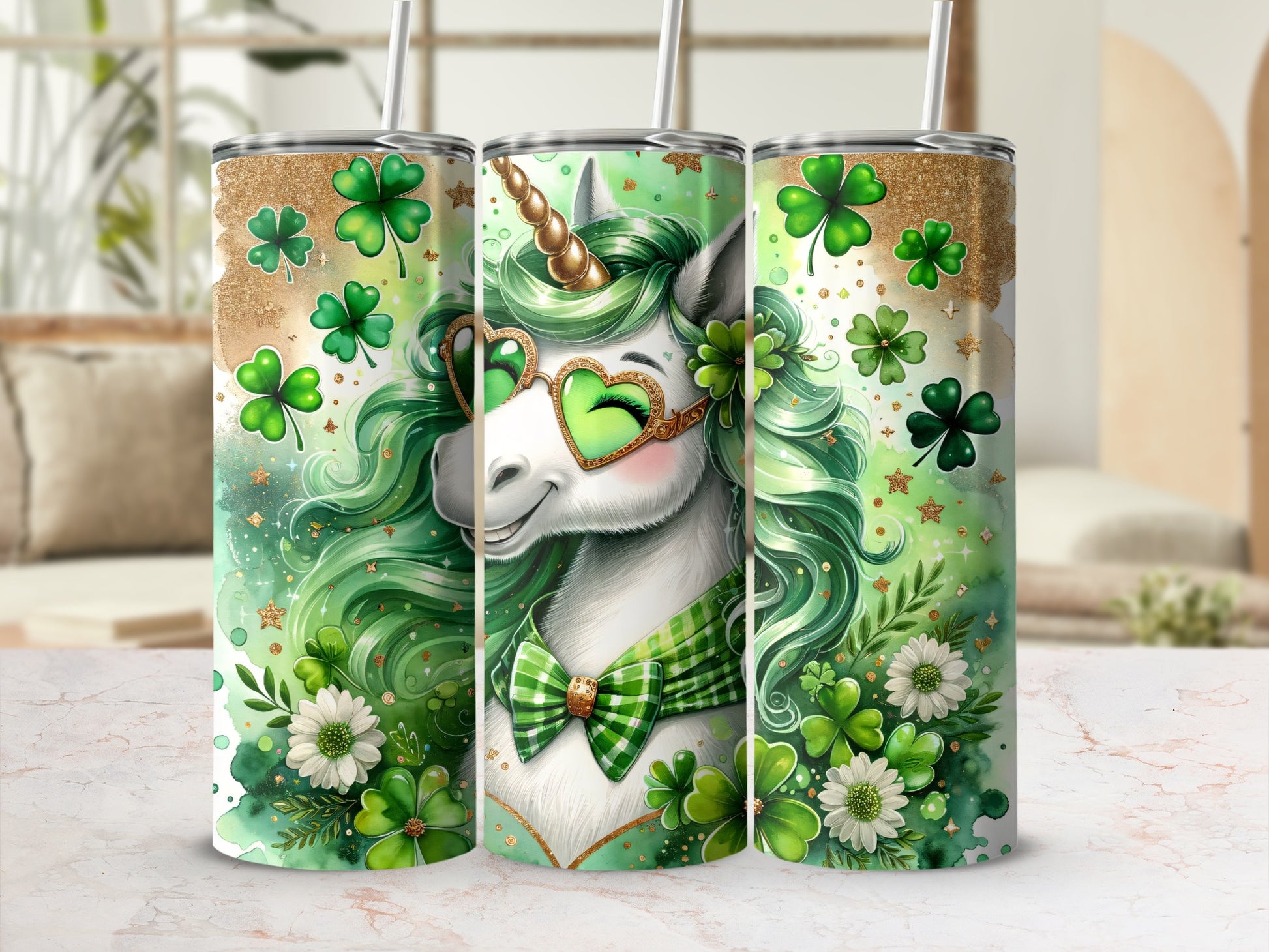 Green unicorn with clover hearts and bows on a glittery tumbler.