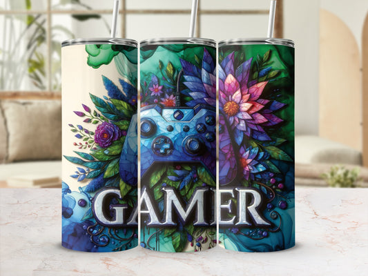 Gaming controller surrounded by colorful flowers with the word "GAMER" below.