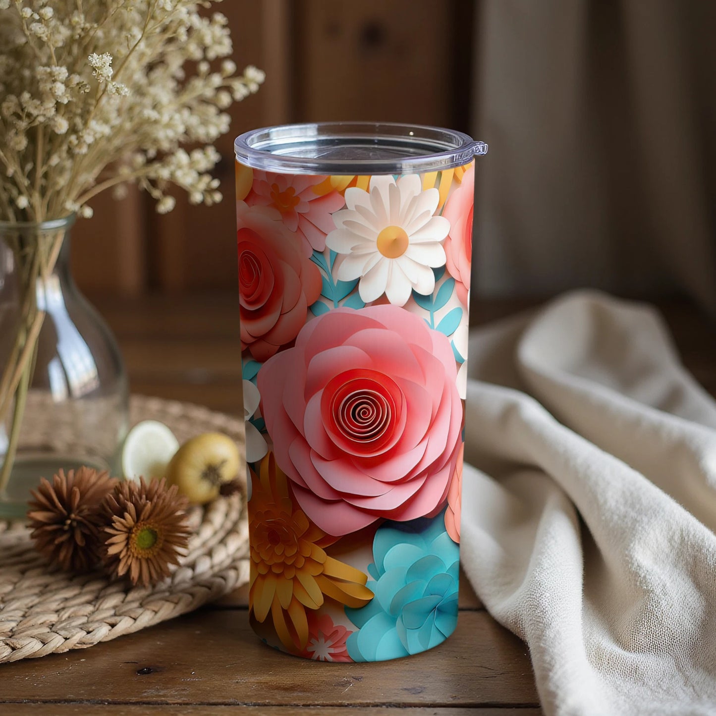 Vibrant Floral Design Insulated Tumbler Cup