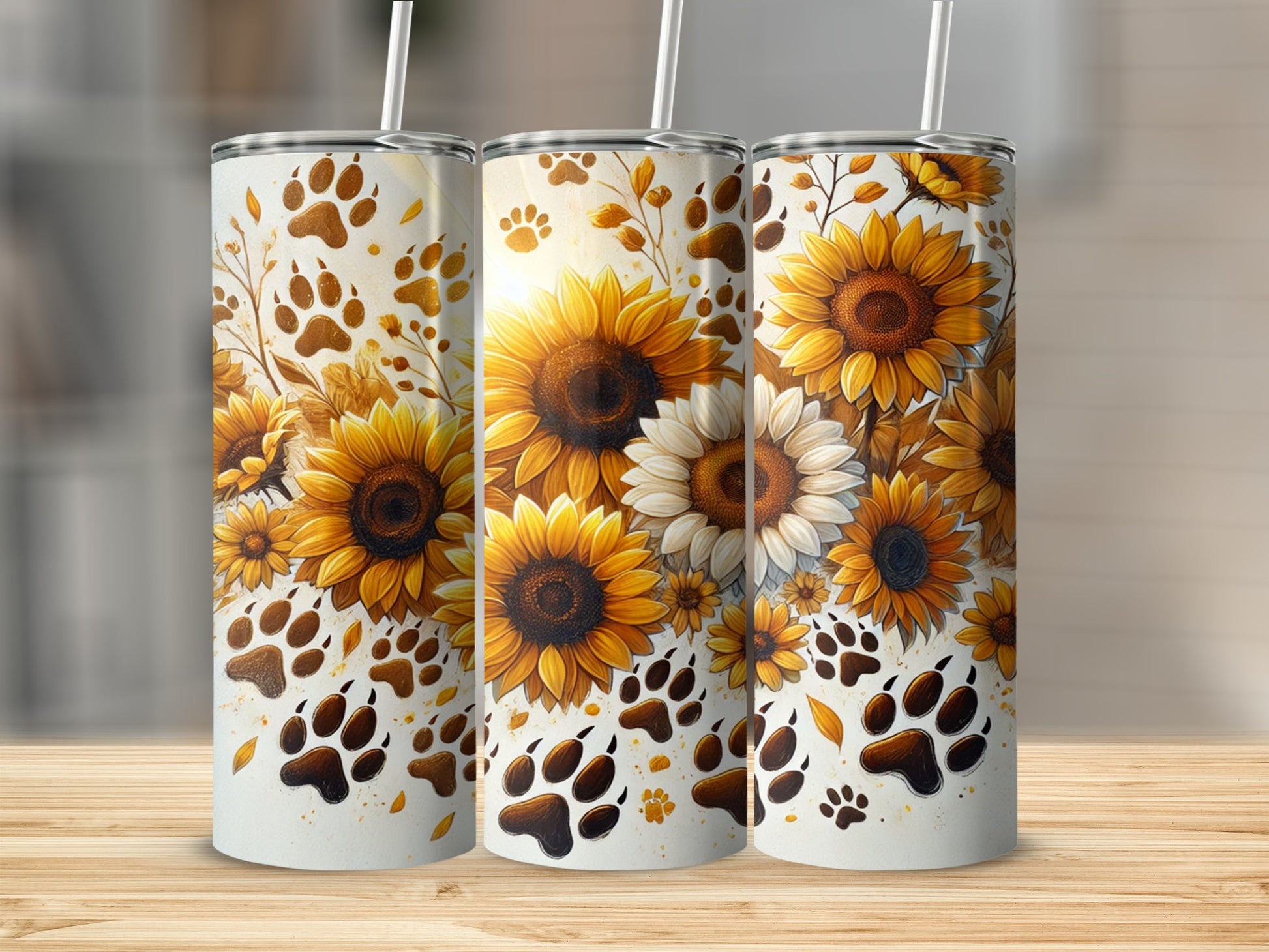 Sunflower and Paw Print Design Tumbler for Pet Lovers