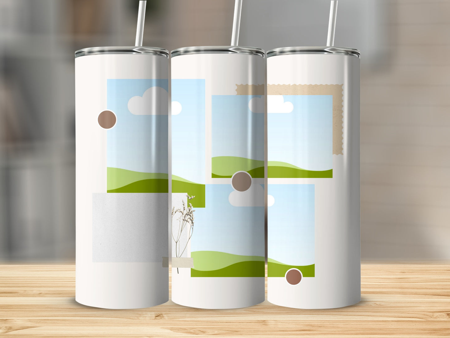 Three white tumblers with straw, featuring a landscape photo collage design.