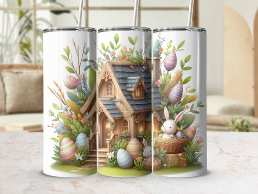 Easter cottage with painted eggs, bunnies, and pastel decorations.