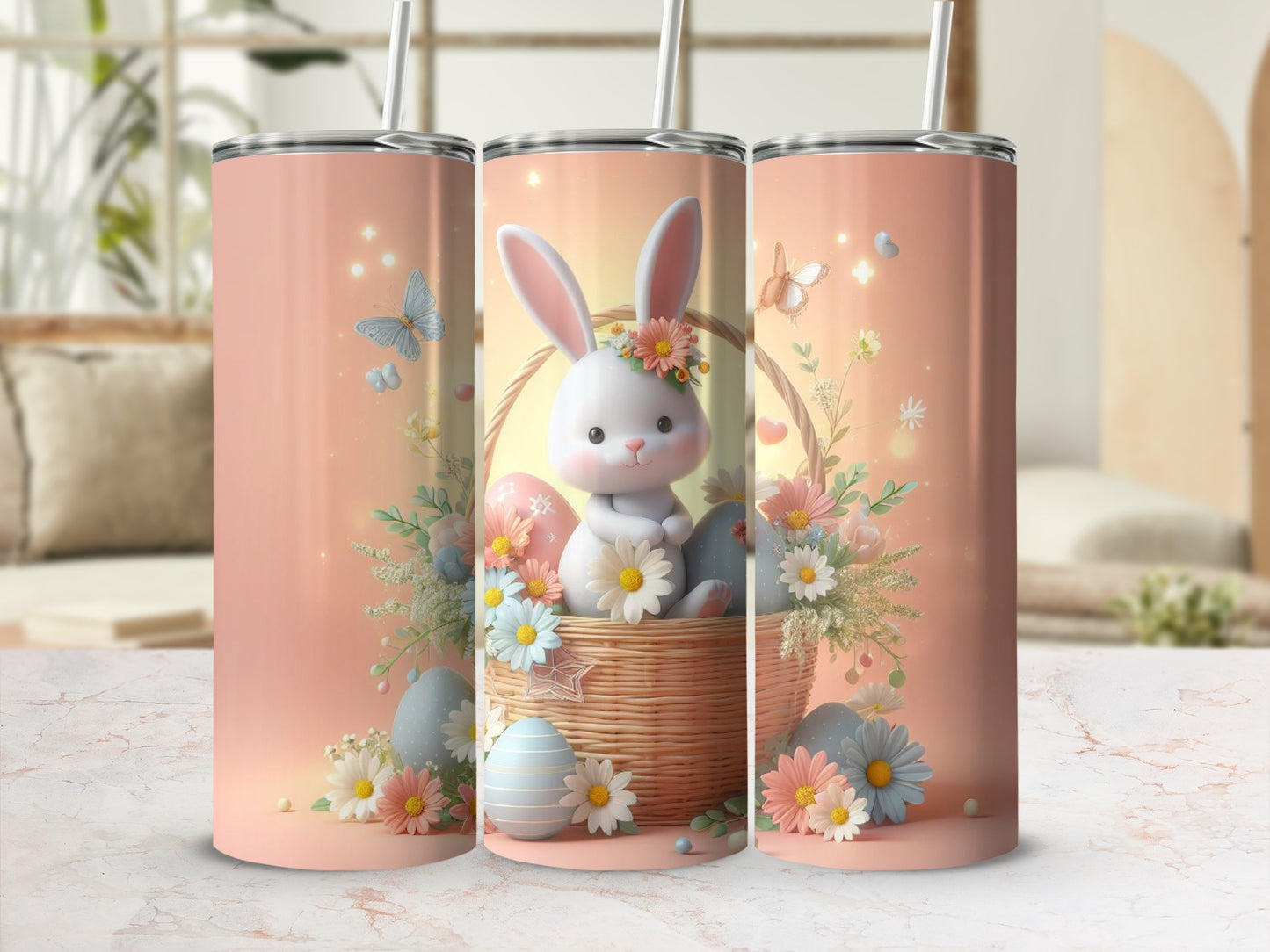 Easter bunny in basket with colorful eggs and flowers.