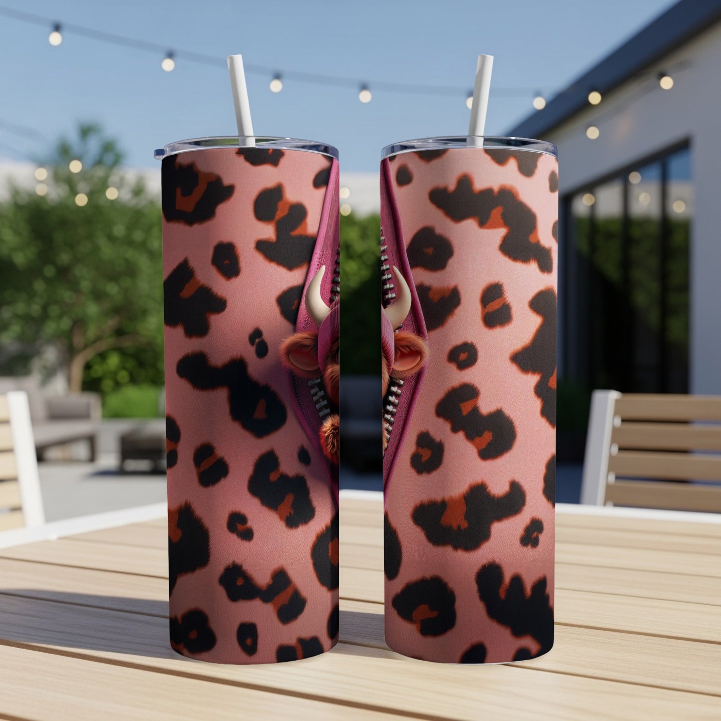Pink leopard print tumbler with cow face peeking through zipper.