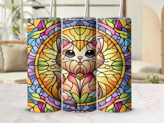 Stained glass tabby cat with pink collar on colorful background.