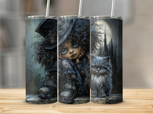 Whimsical Art Tumbler with Girl and Cat Design