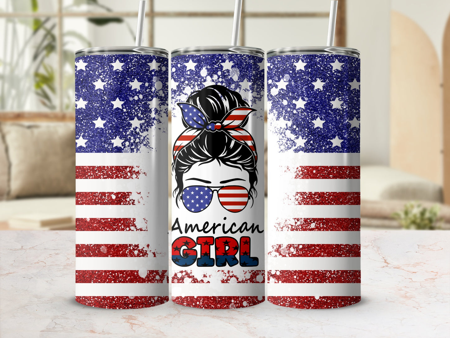 American Girl tumbler with stars and stripes pattern and messy bun girl.