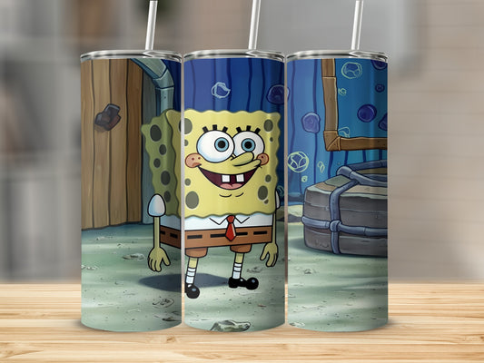 SpongeBob SquarePants character on a cylindrical tumbler with a straw.