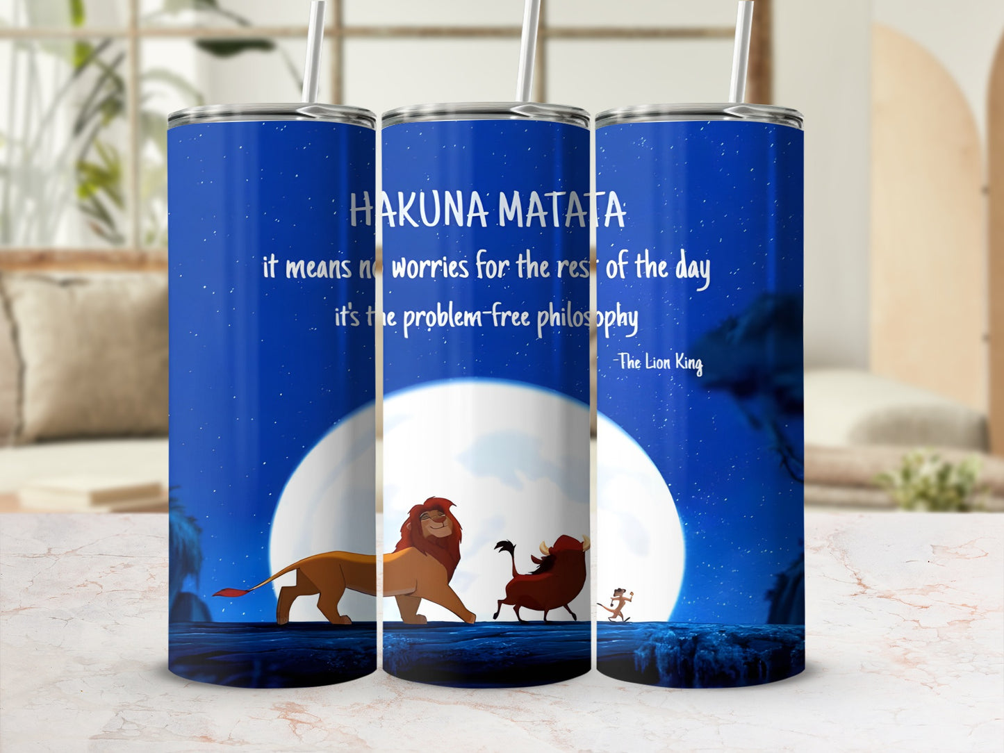 The Lion King's Hakuna Matata quote on a blue, starry background.