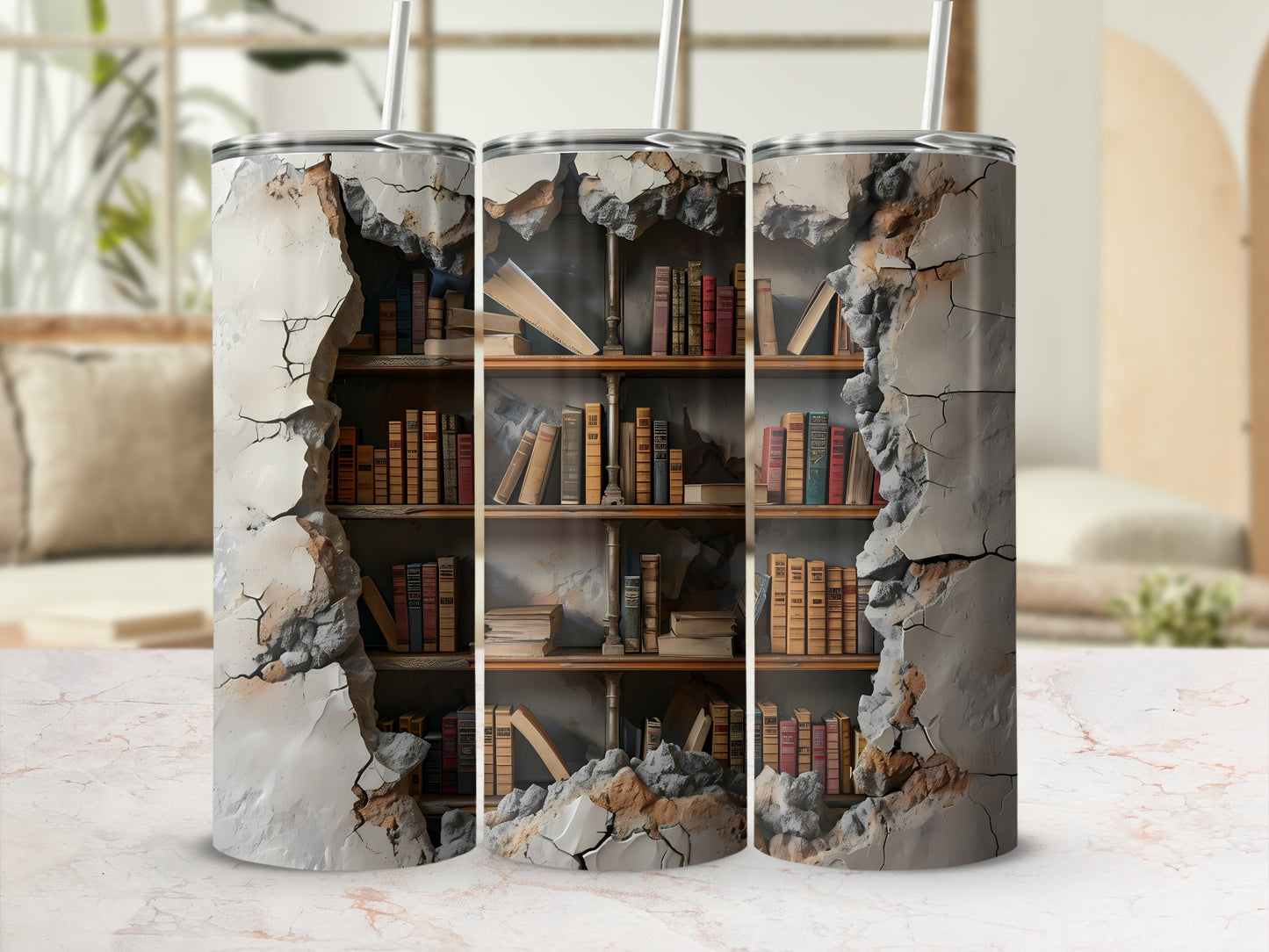 Cracked concrete tumbler with shelves of antique books and straws.