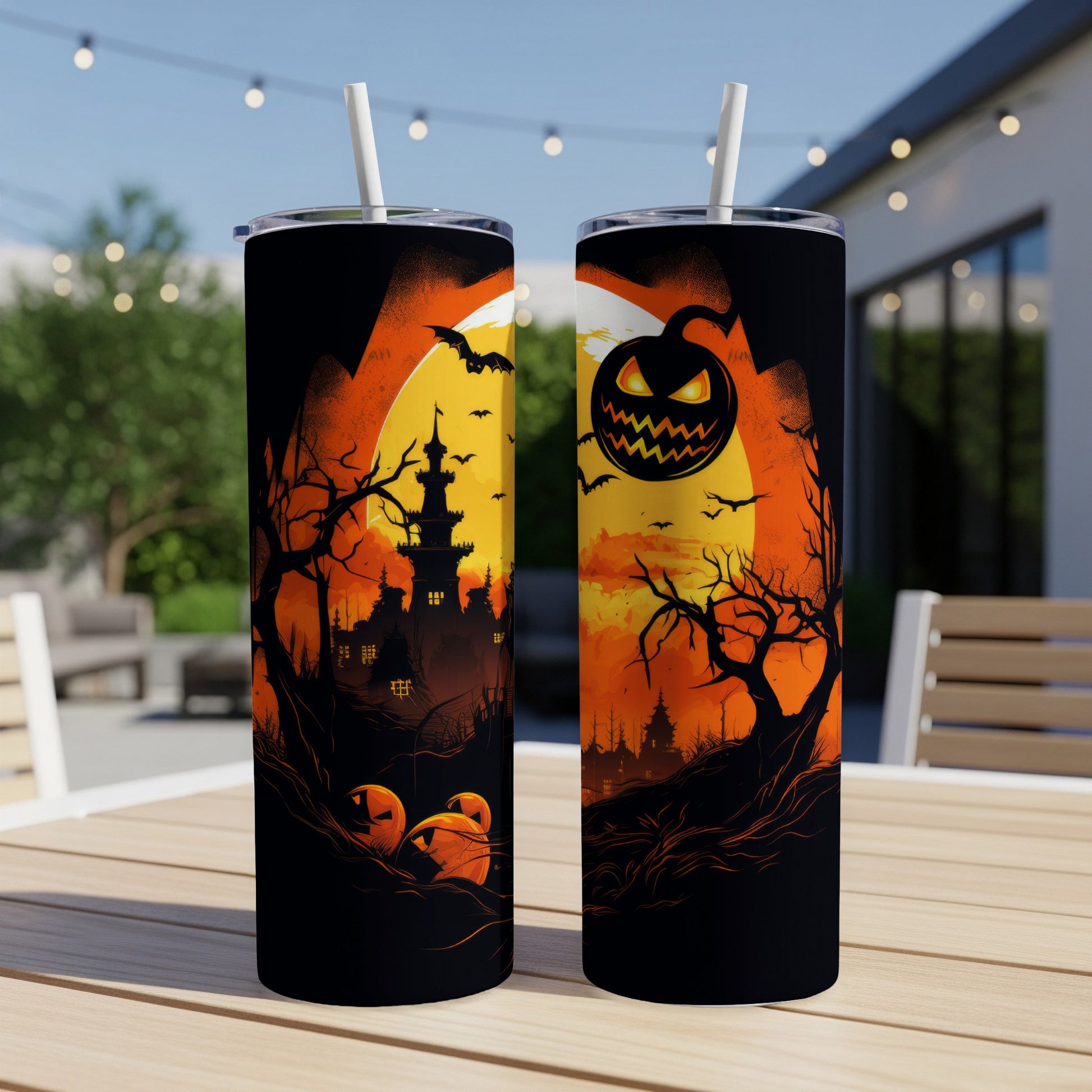 Two tumblers with Halloween designs: spooky castle and pumpkin scene.