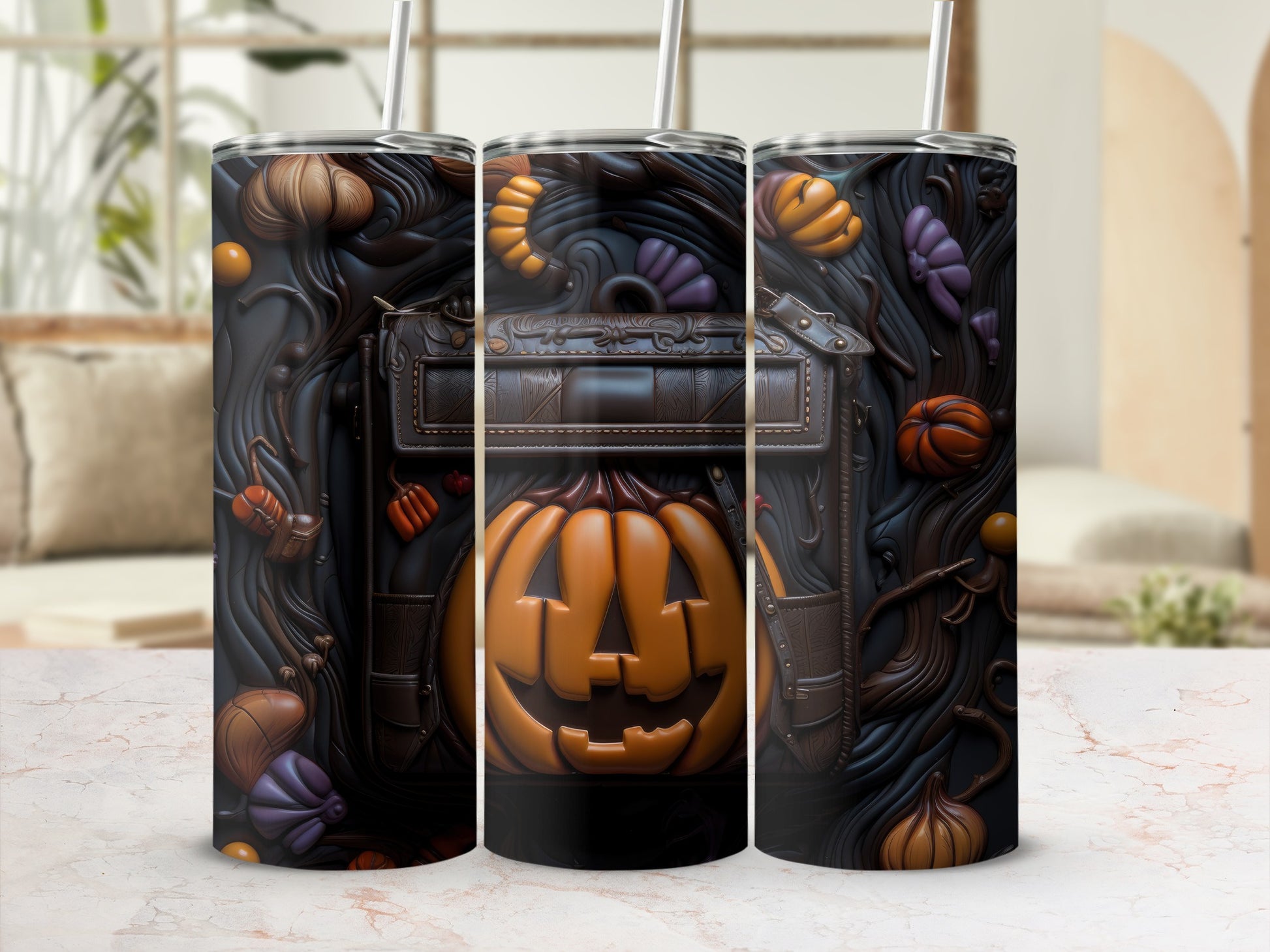 Three tumblers with a Halloween theme featuring pumpkins, gourds, and a jack-o'-lantern.