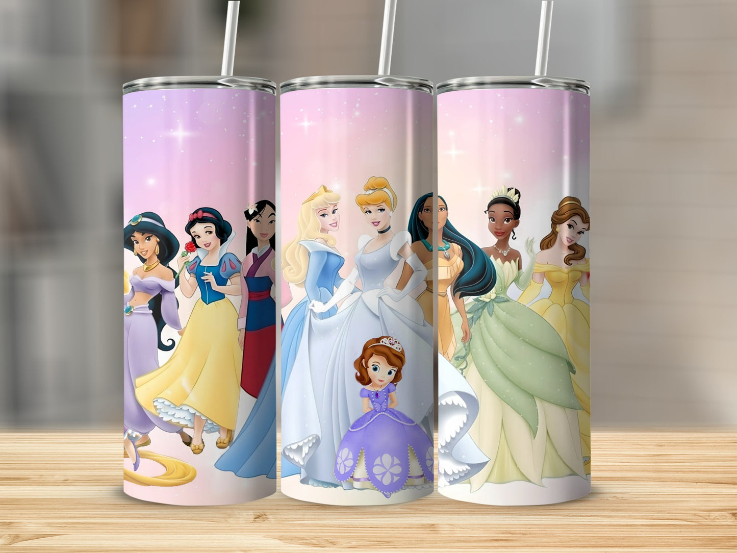 Disney Princess Characters with Pink Background Tumbler