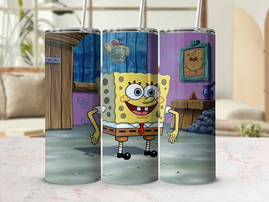 SpongeBob SquarePants standing in a kitchen with a wooden table and window.