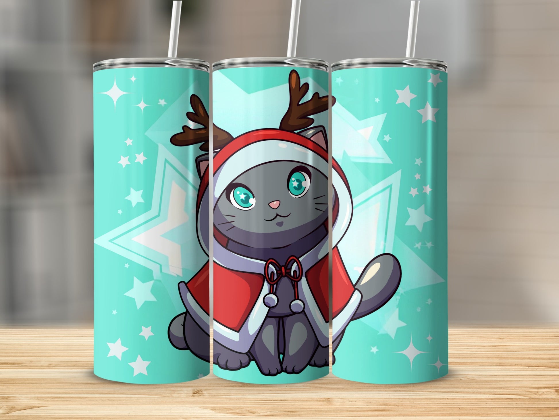 Cute Christmas Cat with Antlers Tumbler Cup Design