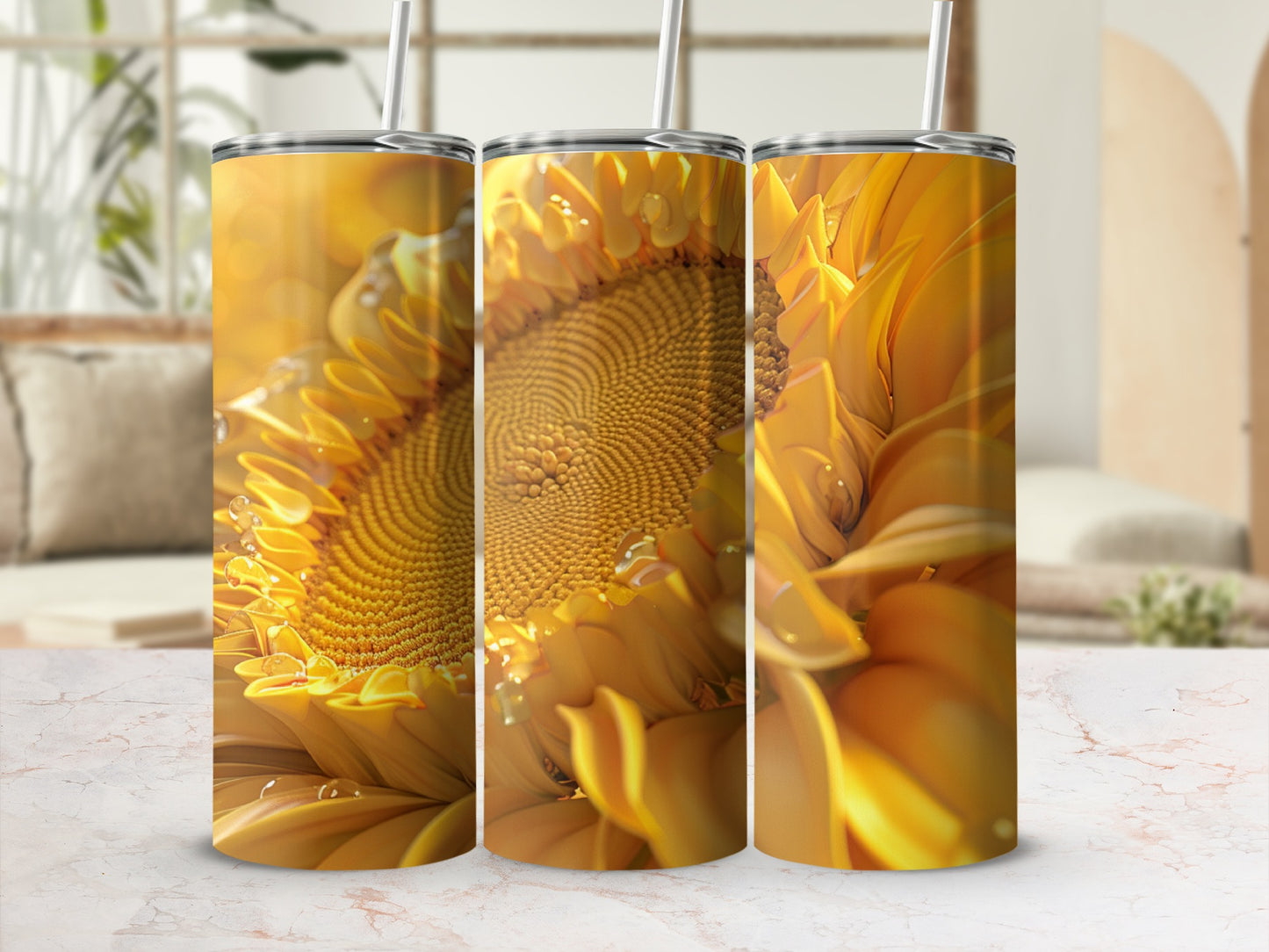 Three tumblers with close-up sunflower designs and water droplets.