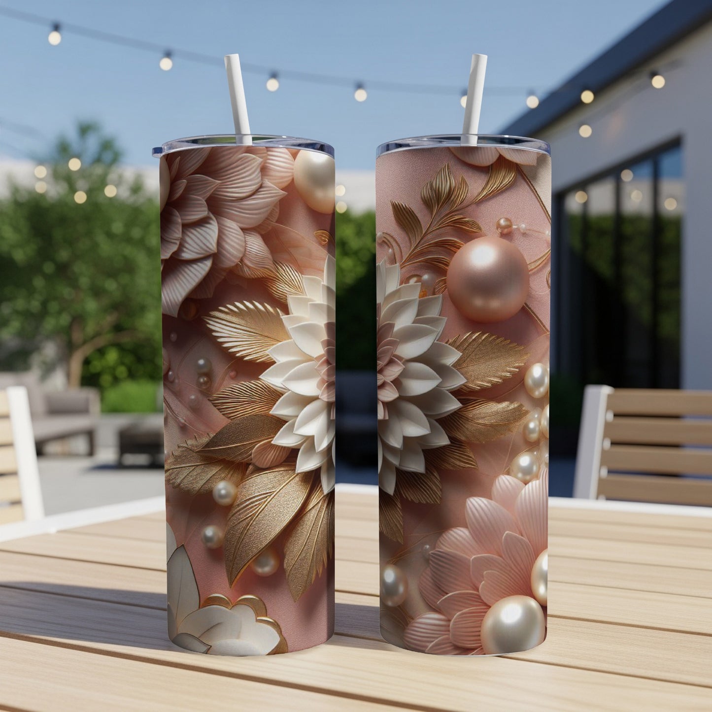 Pink floral patterned tumbler with pearls and gold accents.