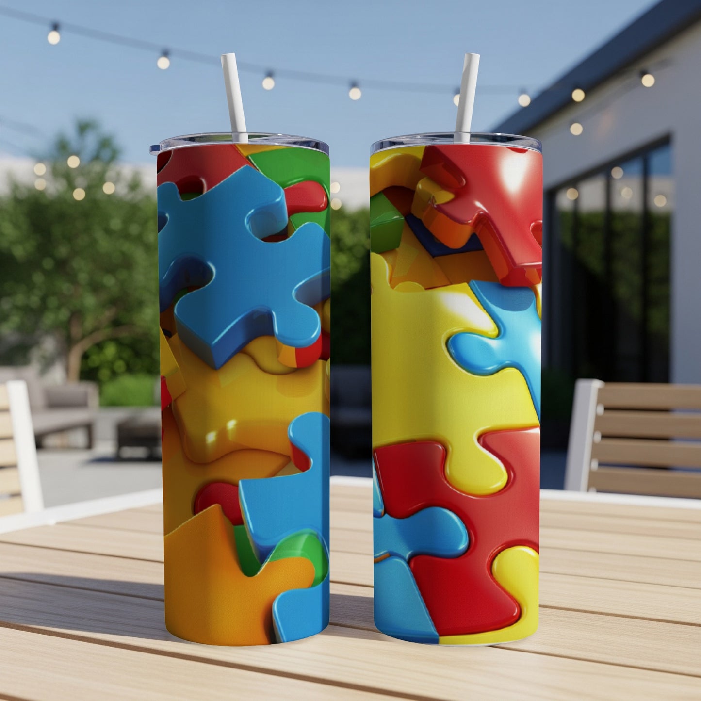 Two tumblers with colorful puzzle pieces on an outdoor table.