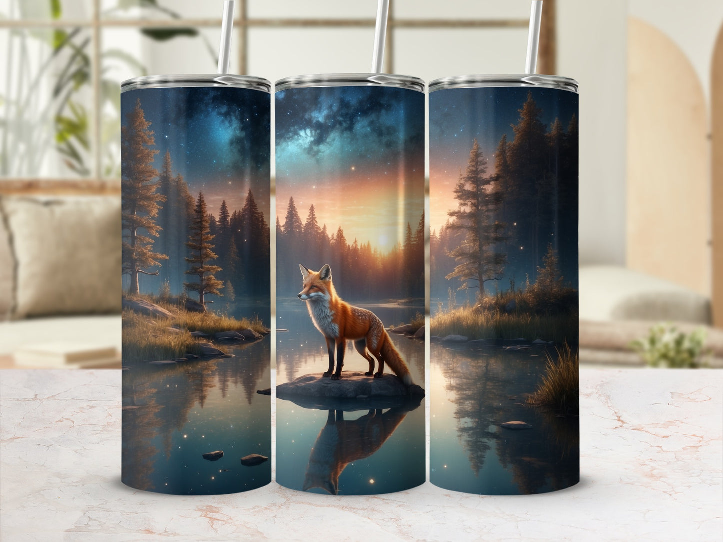 Three tumblers featuring a fox standing on a rock by a starry, sunset lake.