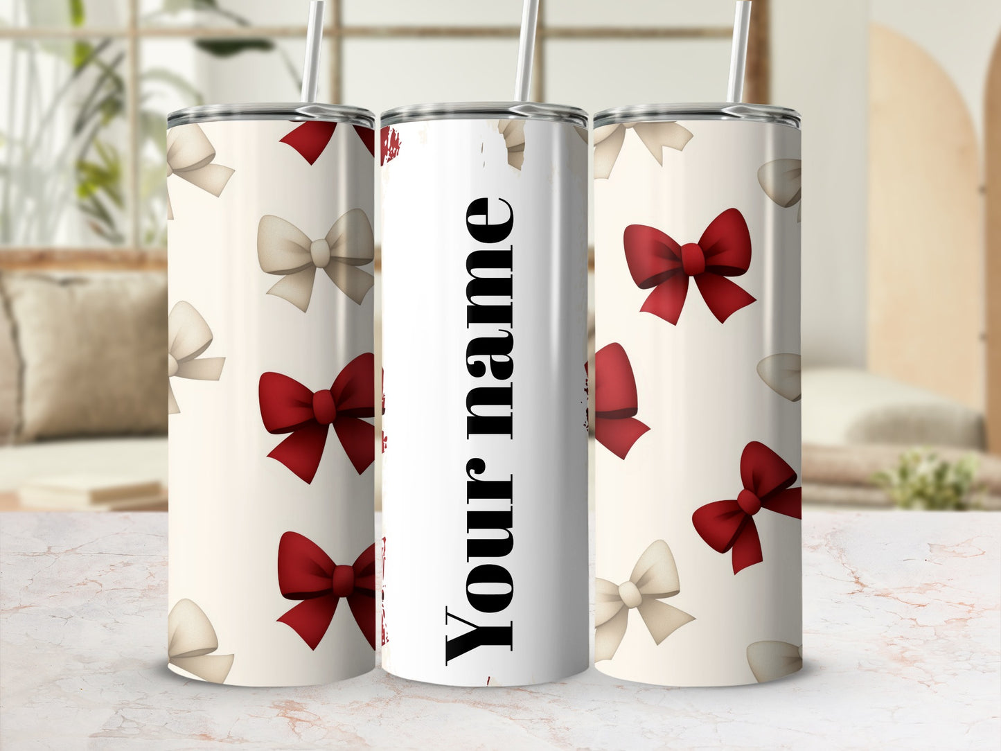 Customizable Name Red and White Bow Design Tumbler