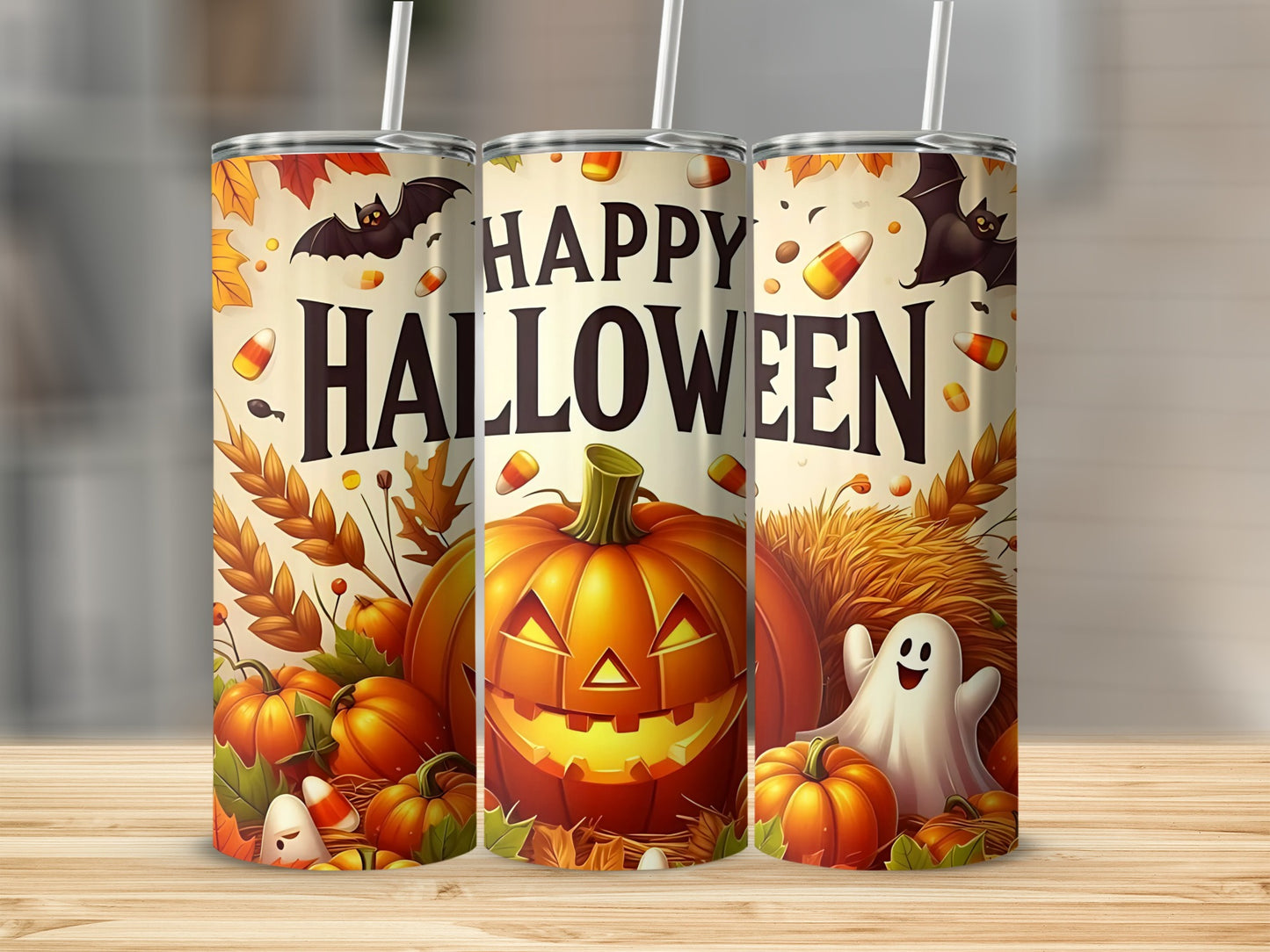 Tumblers with "Happy Halloween" text, pumpkins, bats, ghosts, and candy corn design.