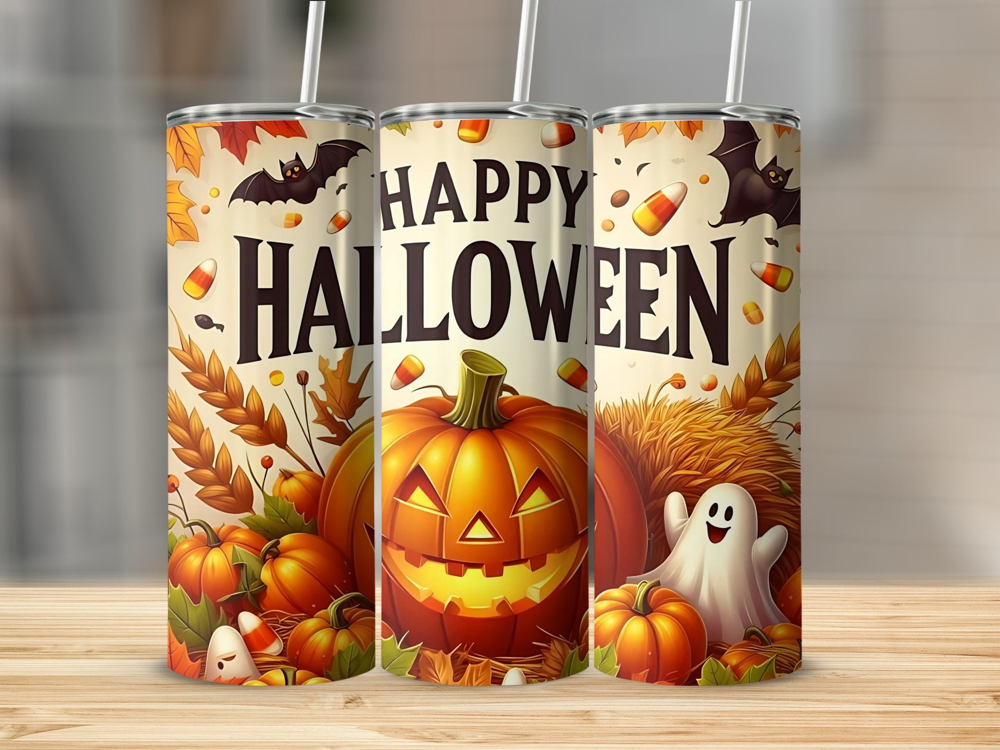 Tumblers with "Happy Halloween" text, pumpkins, bats, ghosts, and candy corn design.