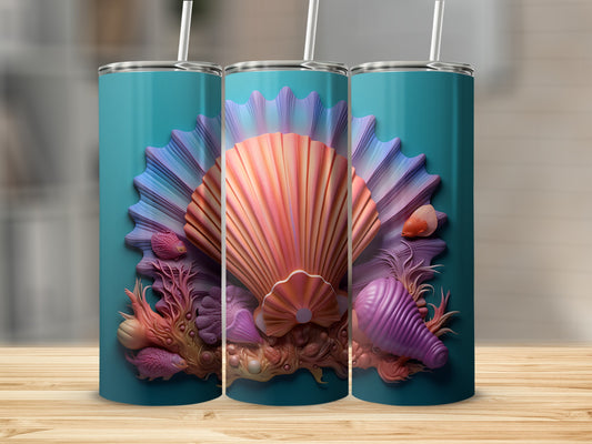 Three teal tumblers with a seashell and coral reef design.