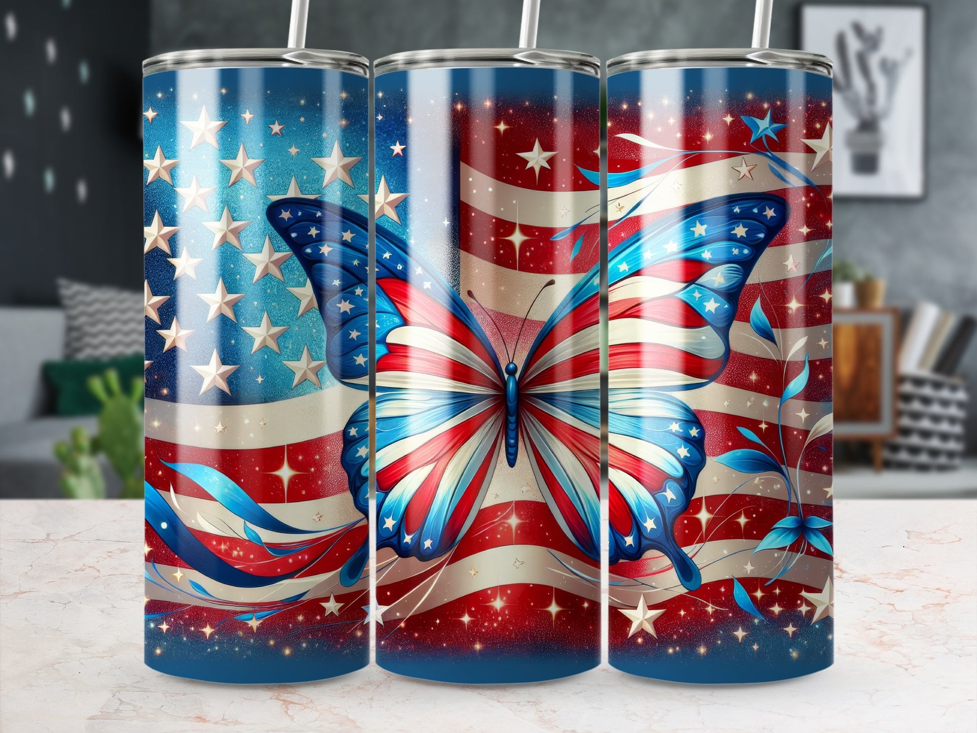 Butterfly with American flag wings on a starry blue background tumbler.