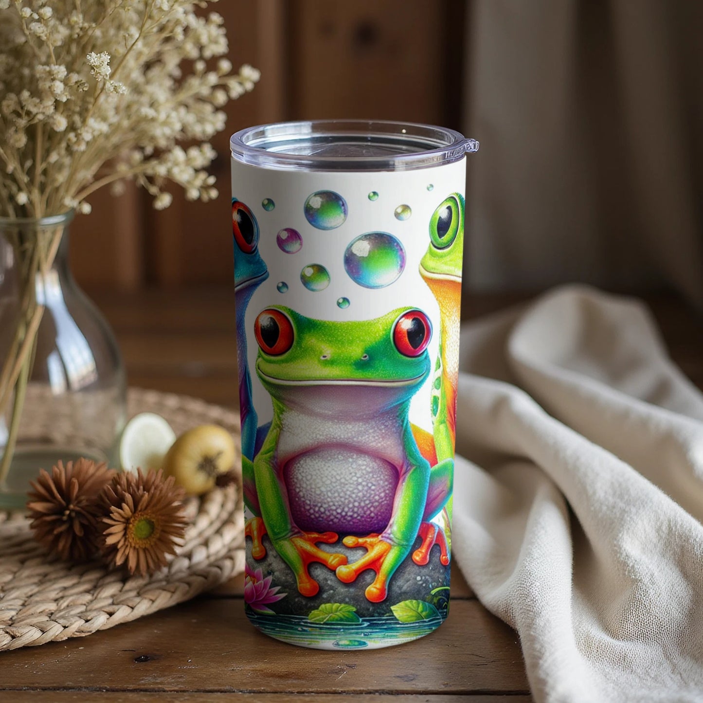 Colorful Frog Artwork with Bubbles Tumbler Cup
