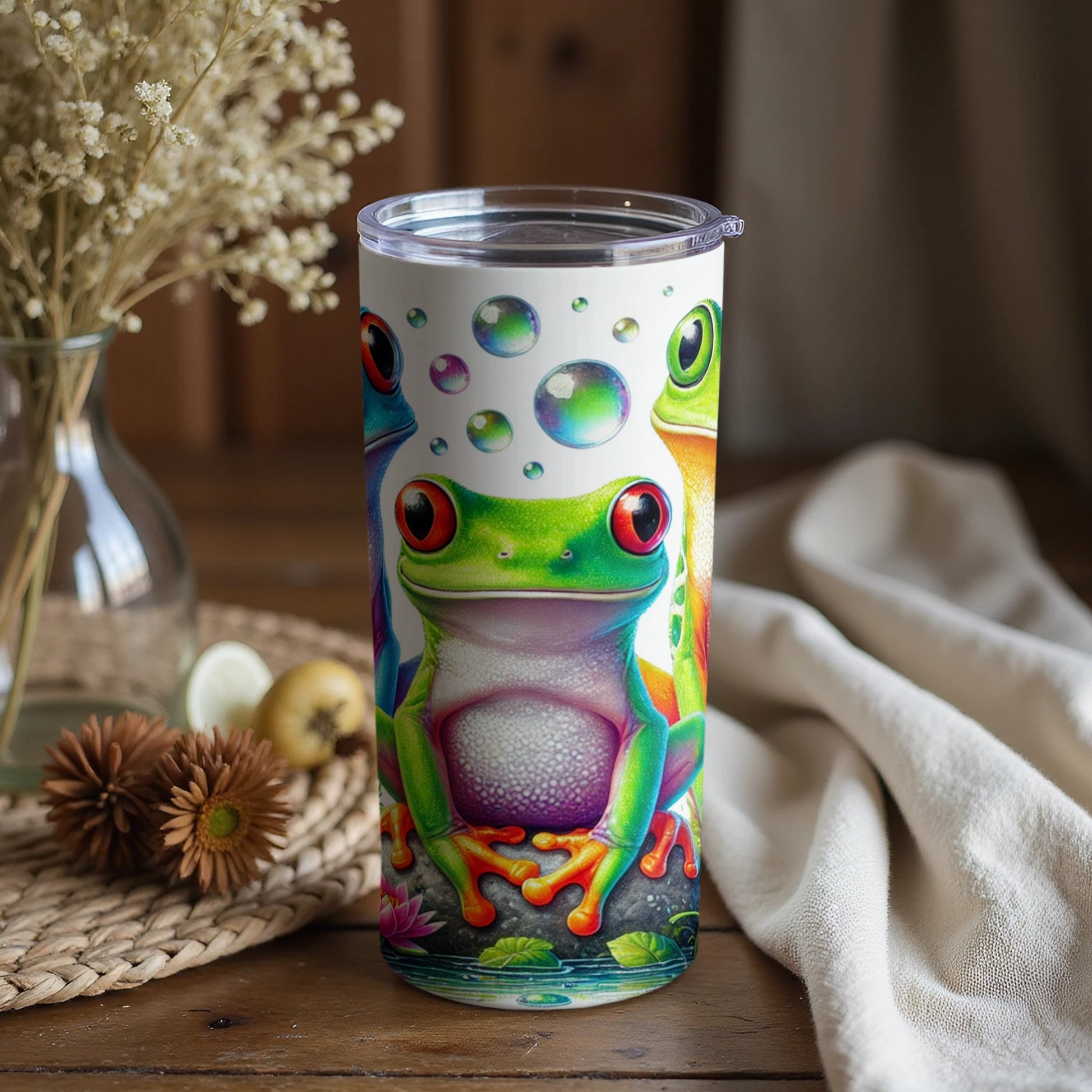Colorful Frog Artwork with Bubbles Tumbler Cup