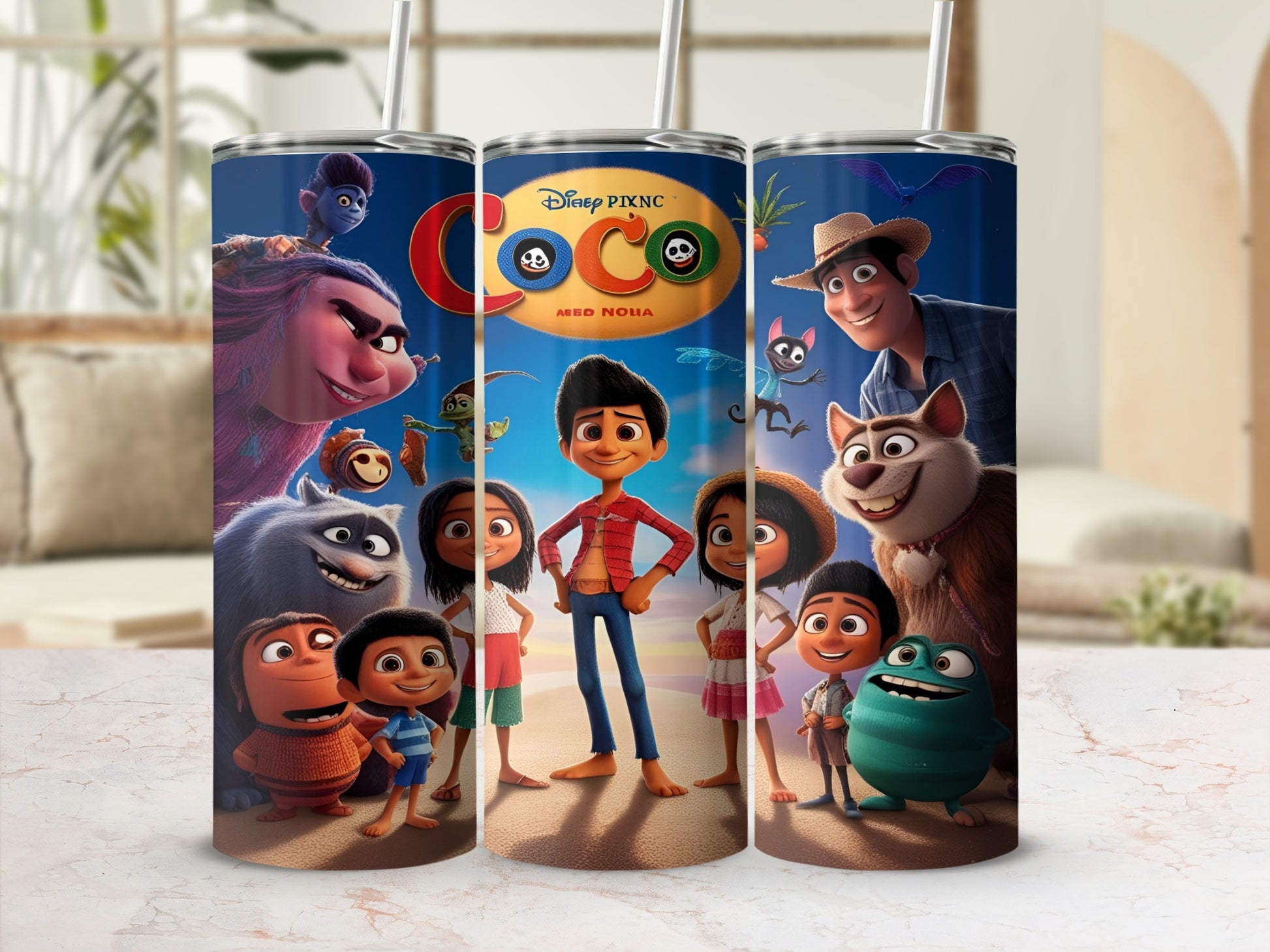 Coco Píxar characters Miguel, Héctor, and others stand together.