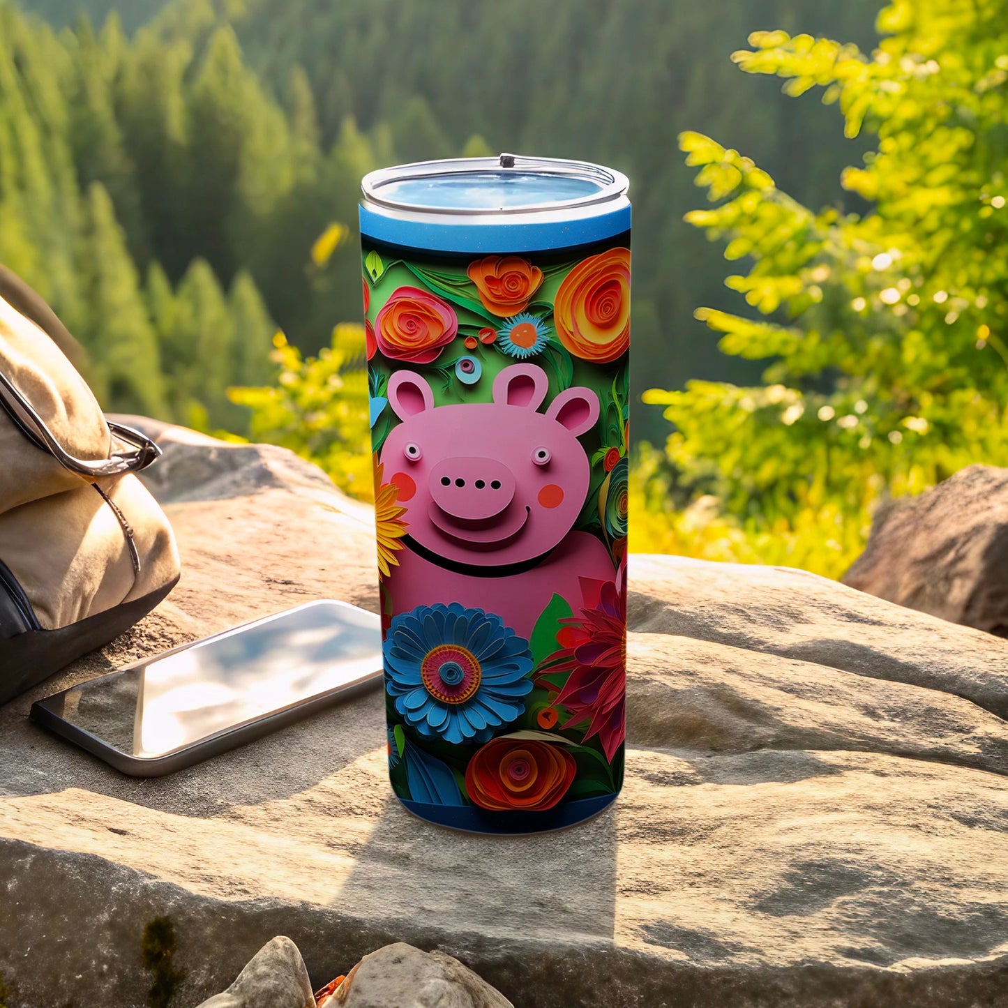 Colorful Pig with Flowers Travel Tumbler Cup Flask