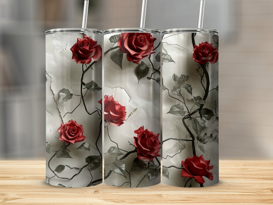 Three tumblers with a red rose and thorny vine design.