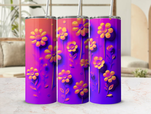Three tumblers with a gradient of orange to purple, adorned with yellow flowers and leaves.