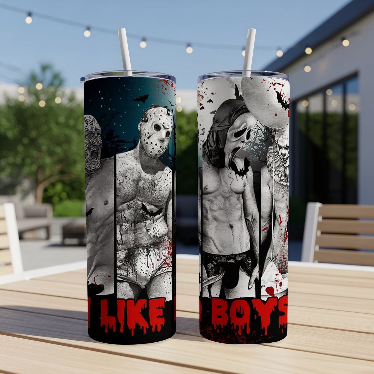 Two tumblers featuring horror characters and the text "I LIKE BOYS".