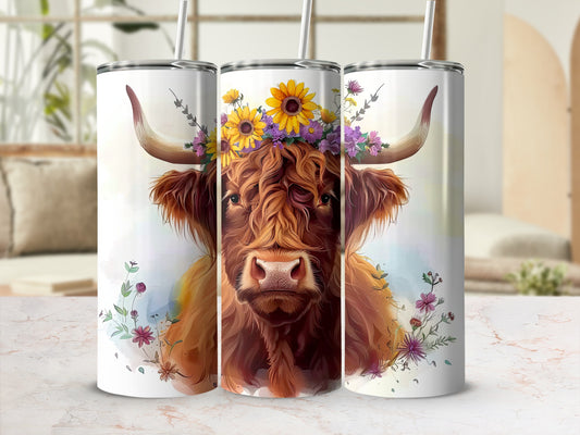 Highland cow with floral crown and watercolor accents on three tumblers.