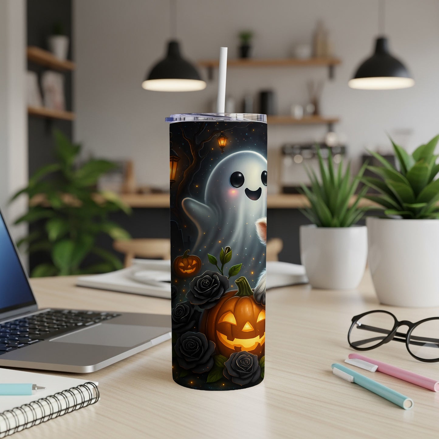 Tumbler with a cute ghost, jack-o'-lantern, and black roses Halloween design.