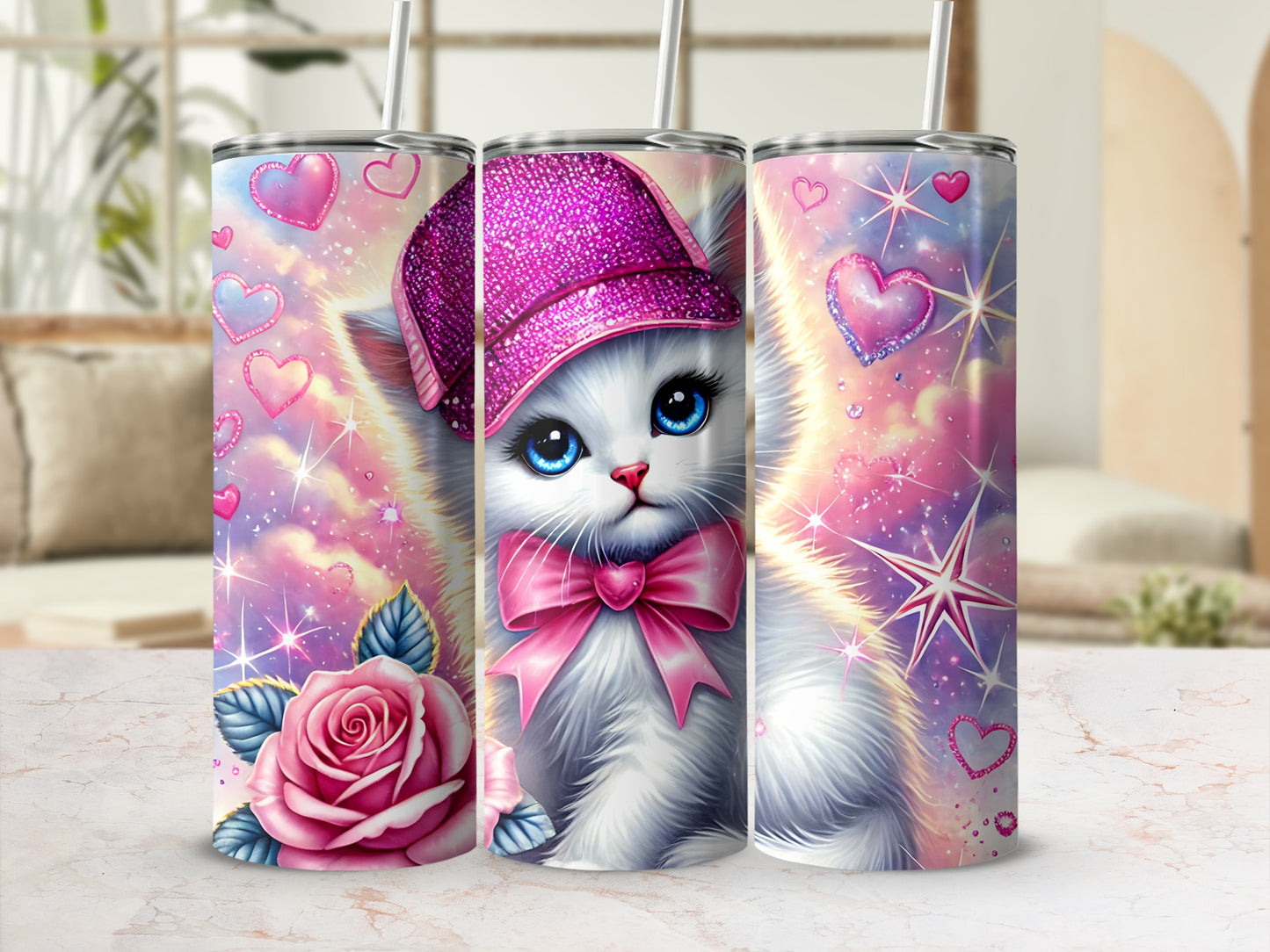 Fluffy white kitten wearing pink sparkly hat and bow, surrounded by hearts and stars.