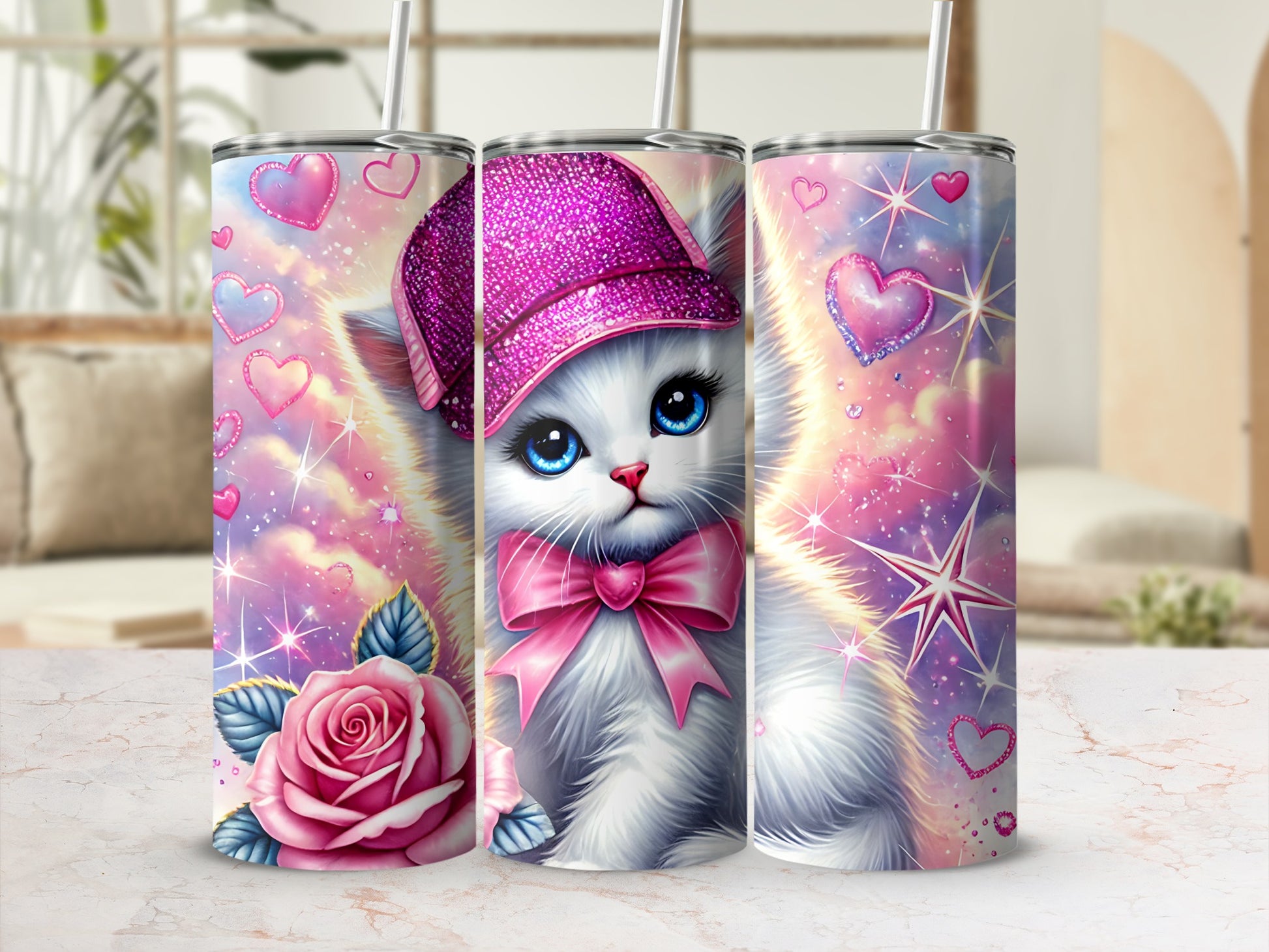 Fluffy white kitten wearing pink sparkly hat and bow, surrounded by hearts and stars.